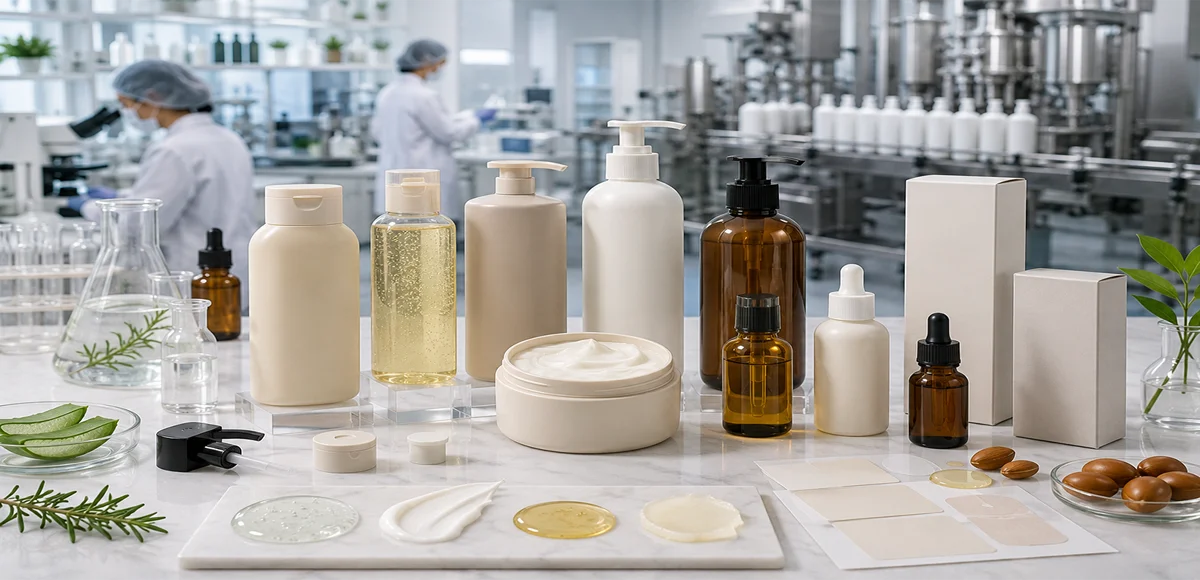 Various cosmetic bottles and jars on a laboratory table with product samples, natural ingredients, and scientists working in the background.